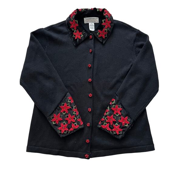 Vintage Tiara International Poinsettia Cardigan Sweater Medium Holiday Christmas - Picture 2 of 7